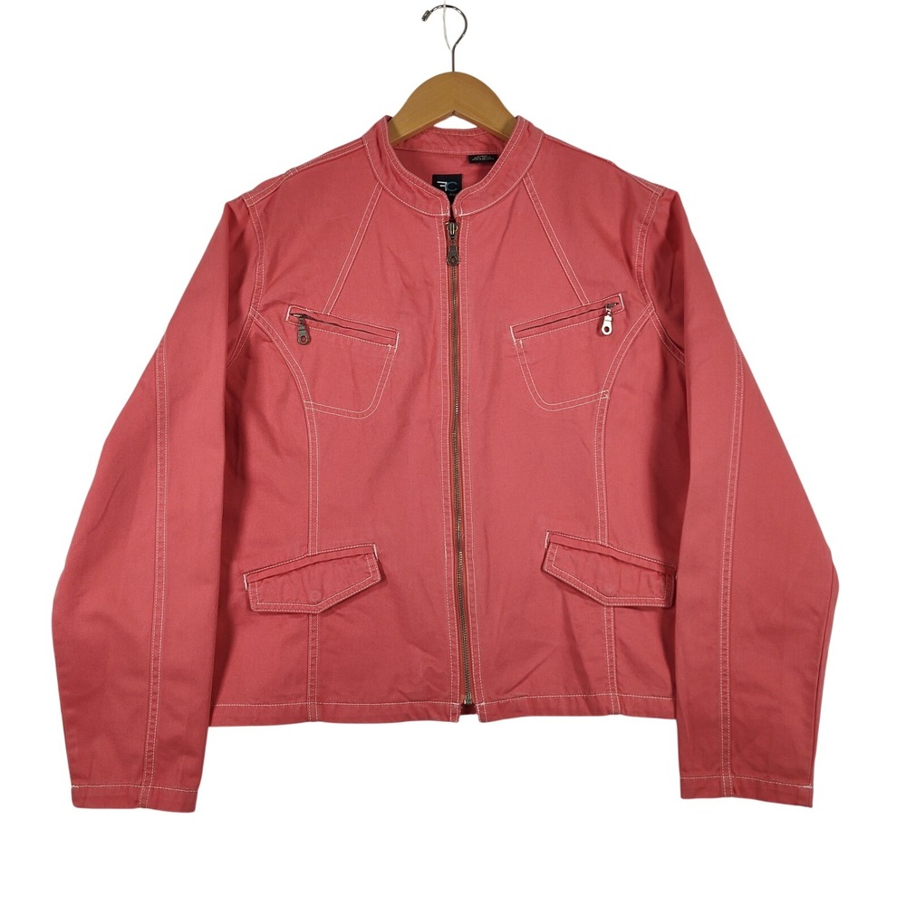 French Cuff Womens XL Coral Pink Cotton Full Zip Jean Jacket White Stitching